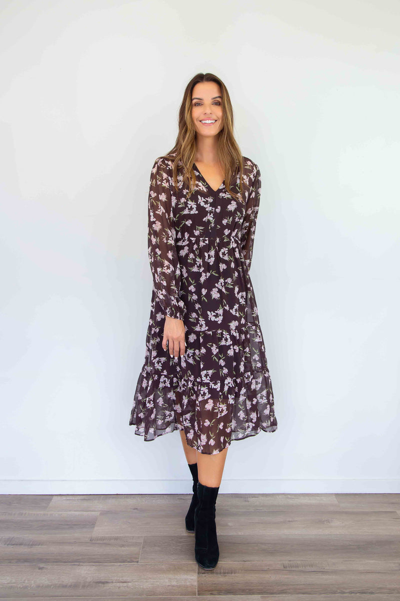 Merric V-Neck Chiffon Midi Dress with Slip