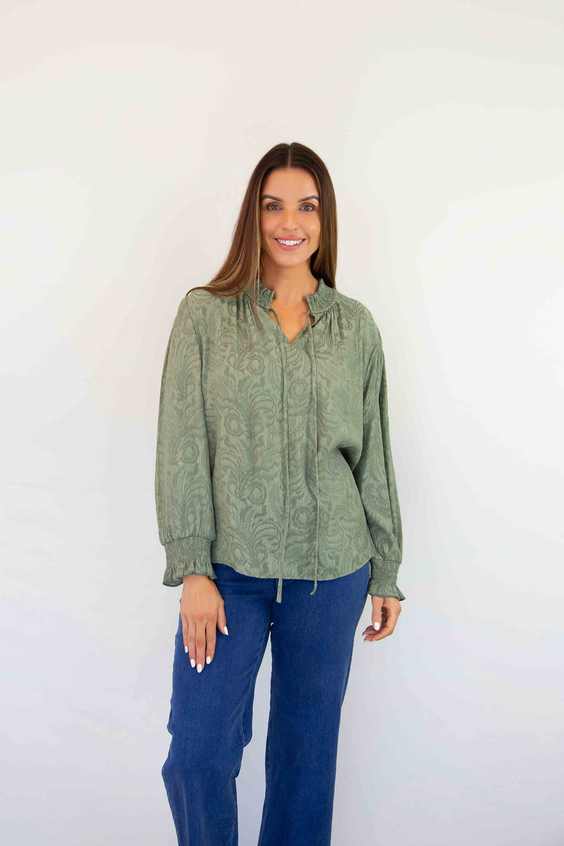 Larosela Ruffle Tie Neck Top – Merric
